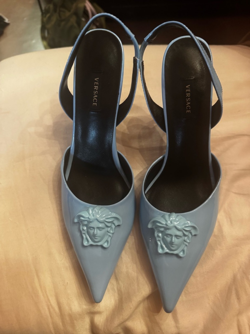 Versace Light Blue Patent Medusa Pointed Slingback Heels